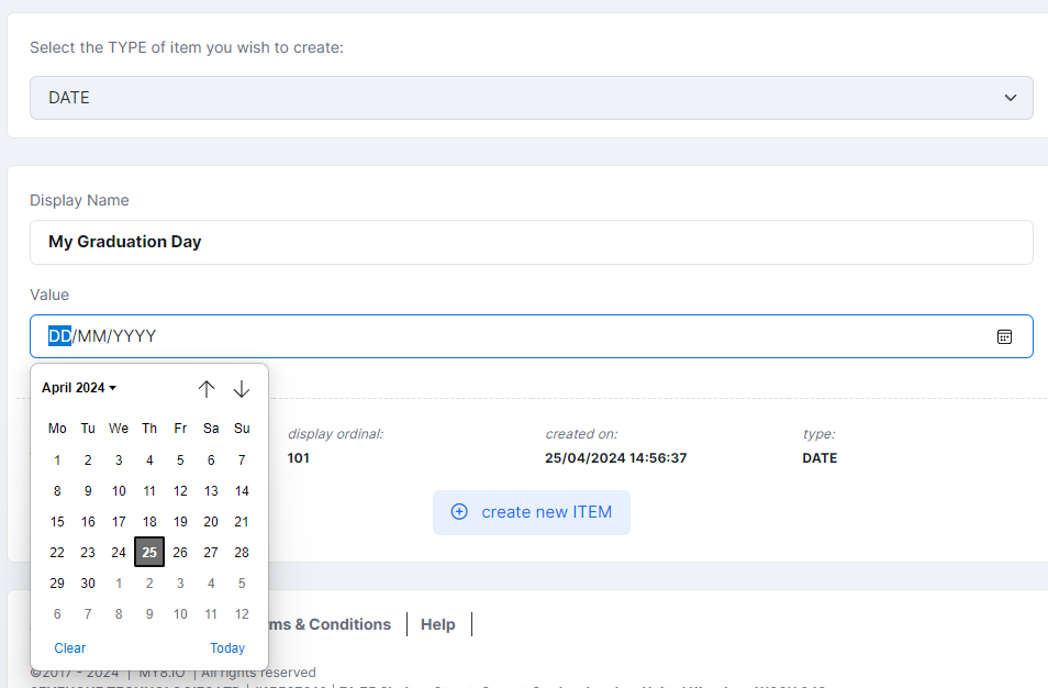 Screenshot of creating an ITEM with a DATE TYPE