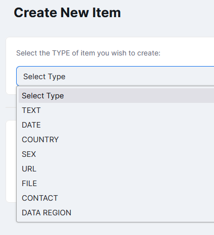 Selecting the TYPE of the Item being created