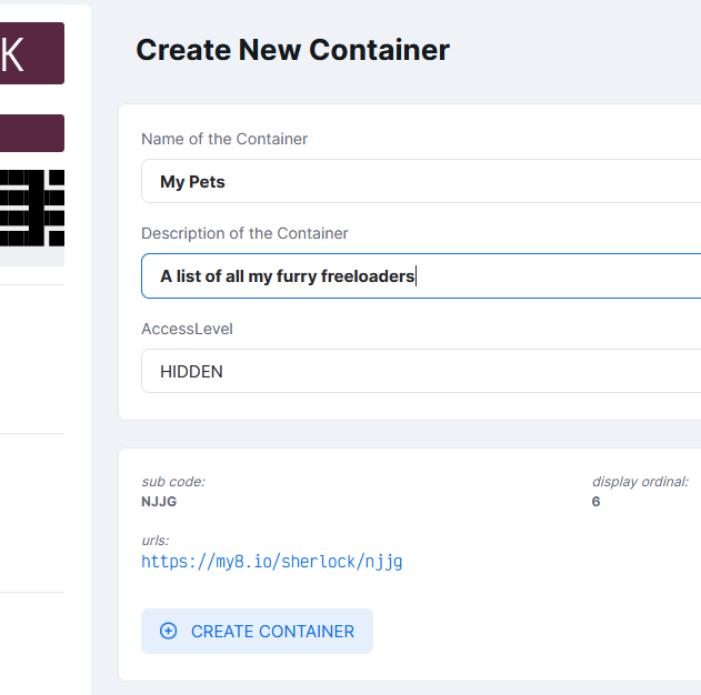 Creating a new container screenshot