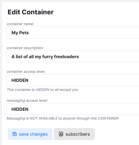 Screenshot of the edit function on the Container page