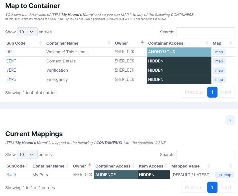 The Containers that the Item is mapped to