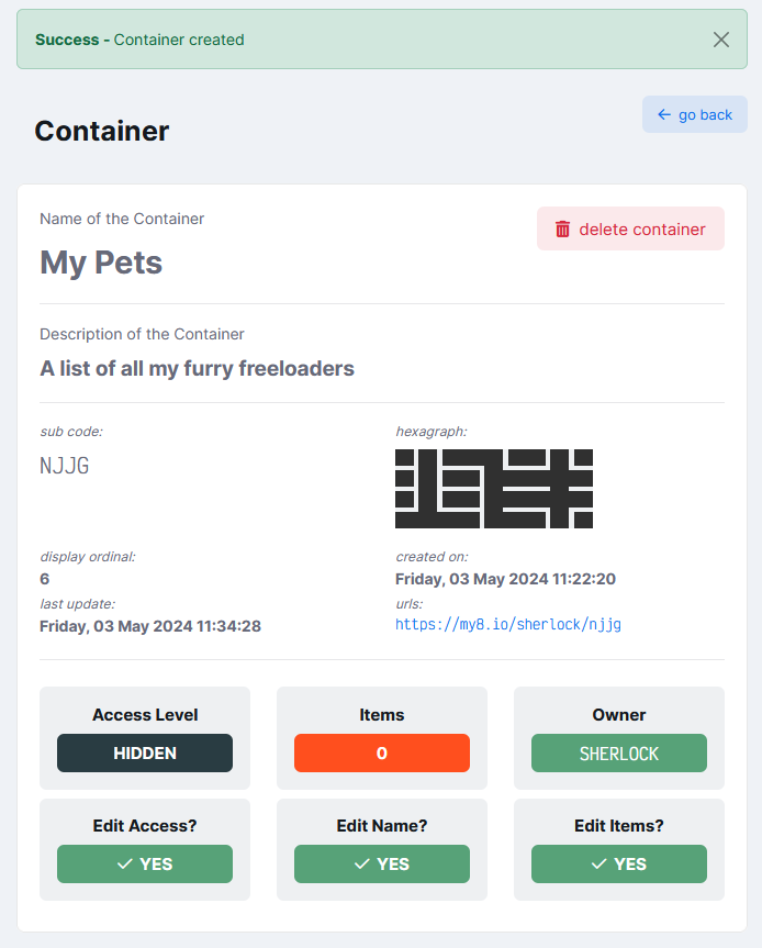 screenshot of a newly created container